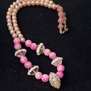 Pink Beaded Statement Necklace with Gold Accent -